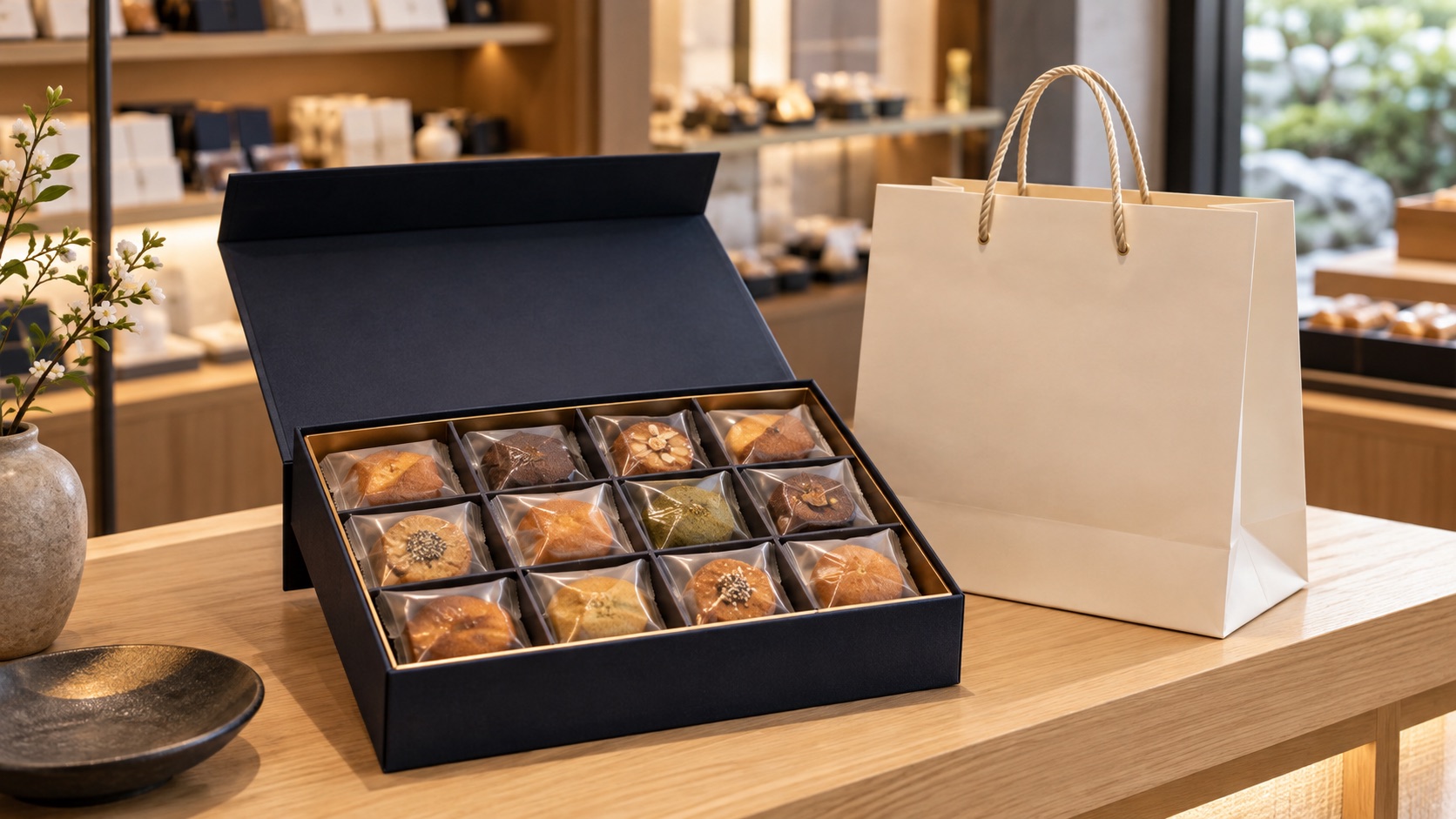 AI-generated illustration of individually wrapped sweets in a gift box beside a paper bag.