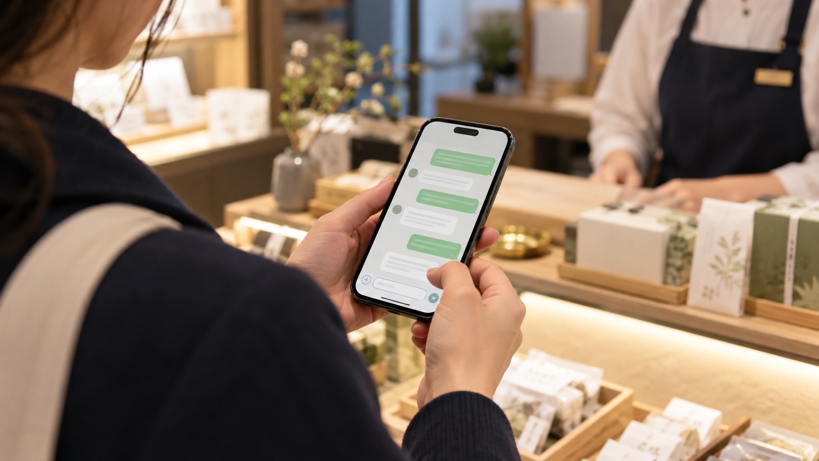 AI-generated illustration of a generic business messaging app on a smartphone in a shop.