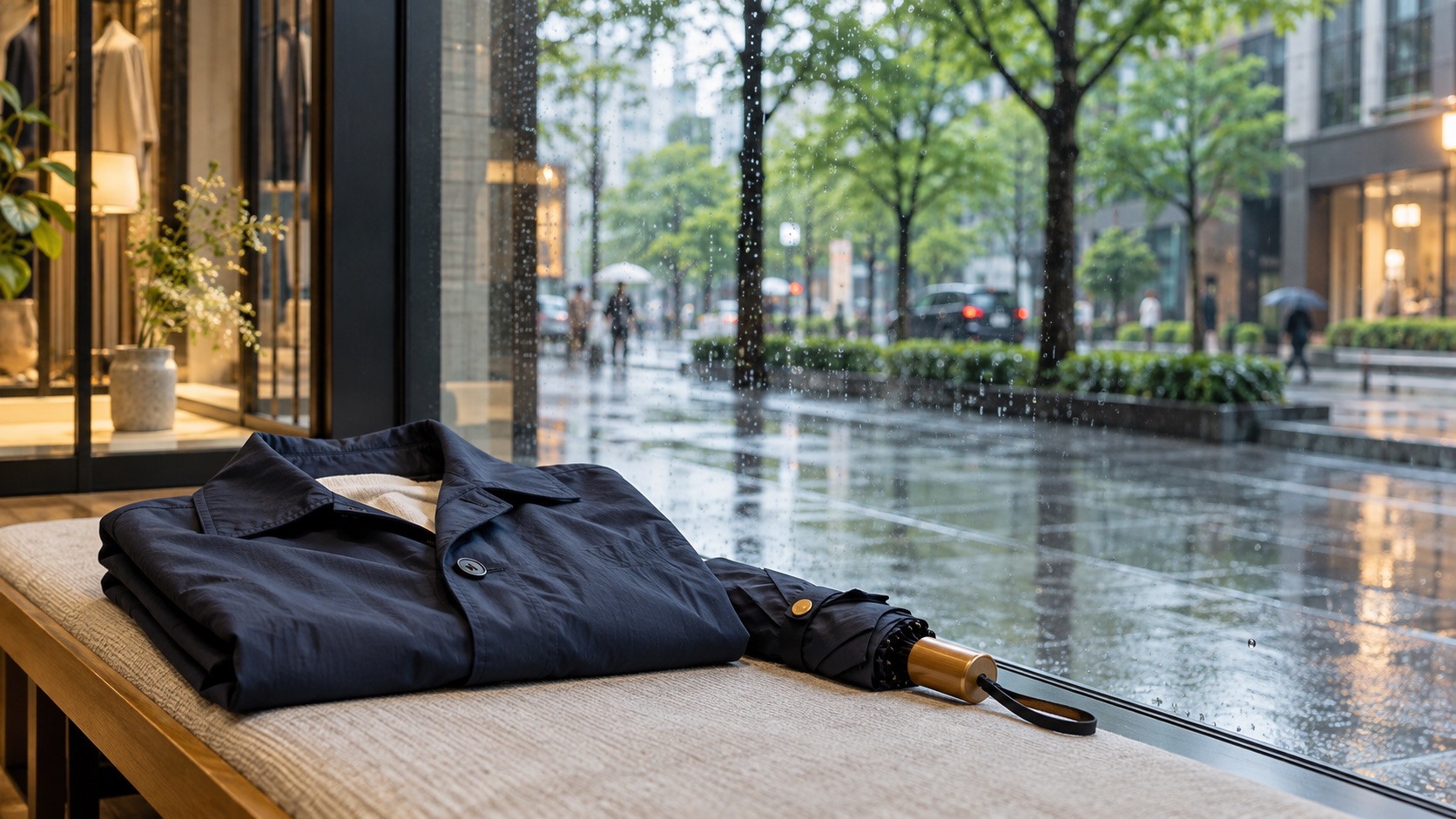 AI-generated illustration of a lightweight navy jacket and umbrella beside a rainy shop window.
