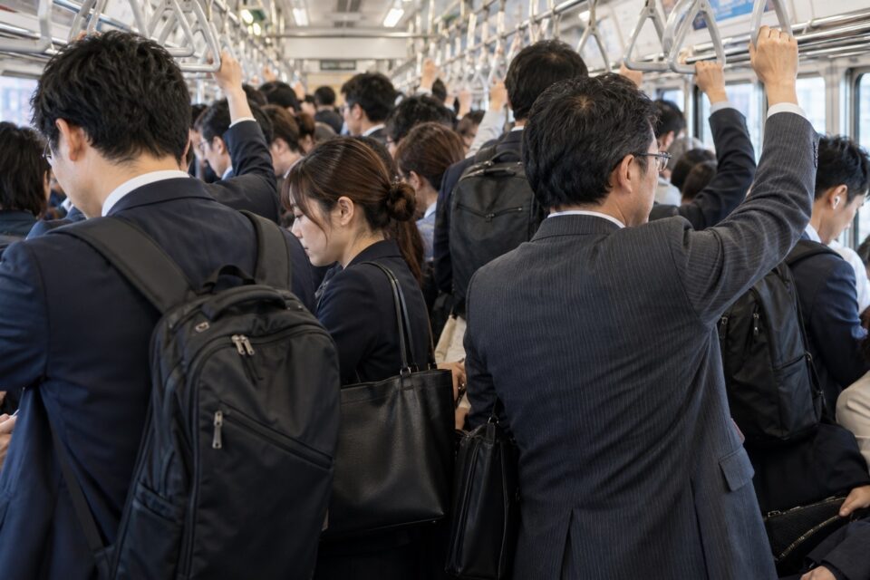 AI-generated illustration of commuters standing close together with bags inside a crowded Japanese train.