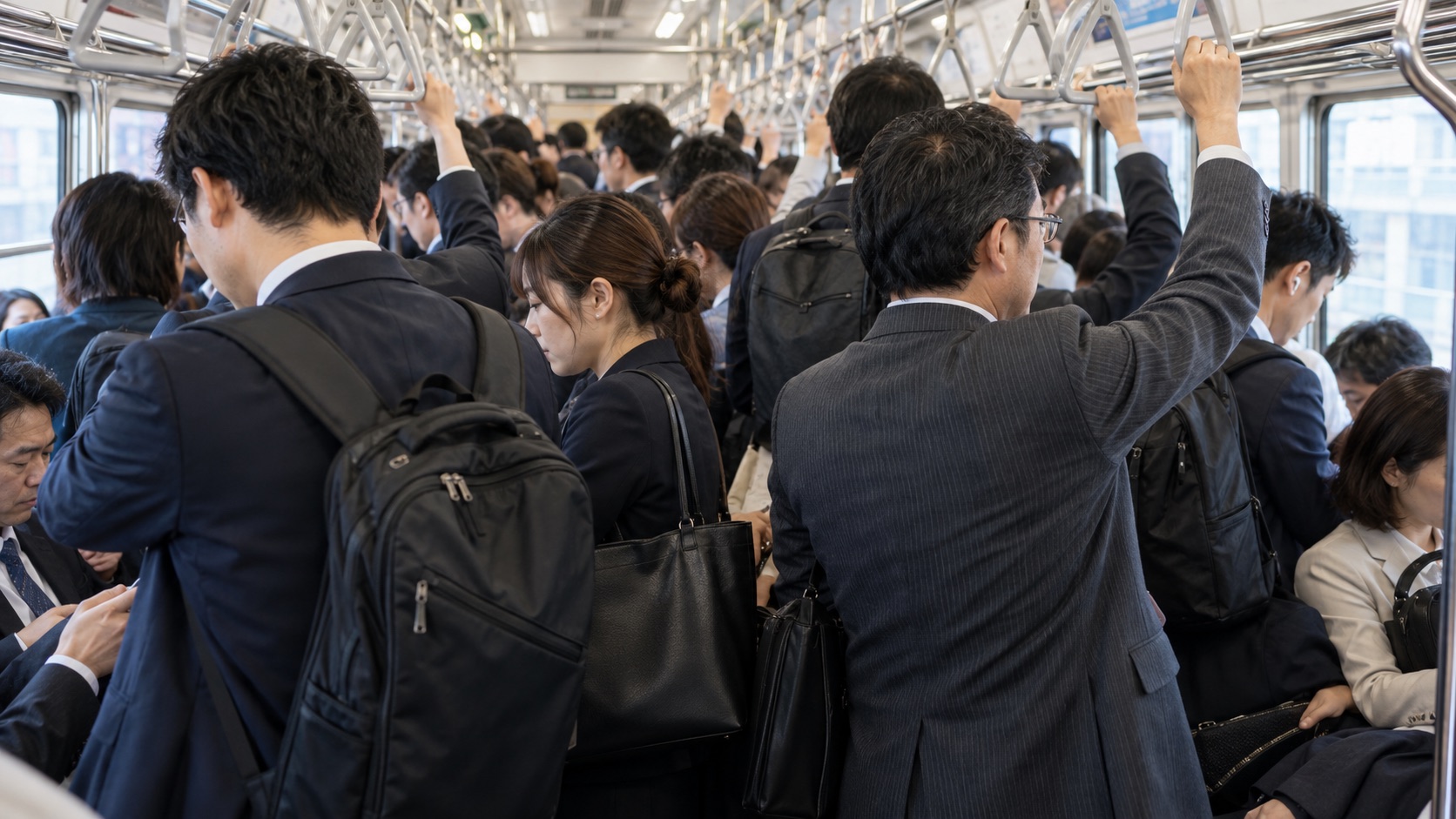 AI-generated illustration of commuters standing close together with bags inside a crowded Japanese train.
