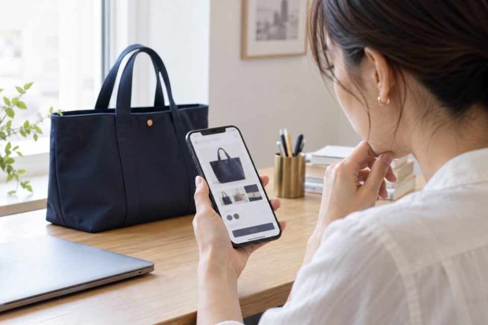 AI-generated illustration of a woman comparing a tote bag product page on a smartphone in a Japanese home.