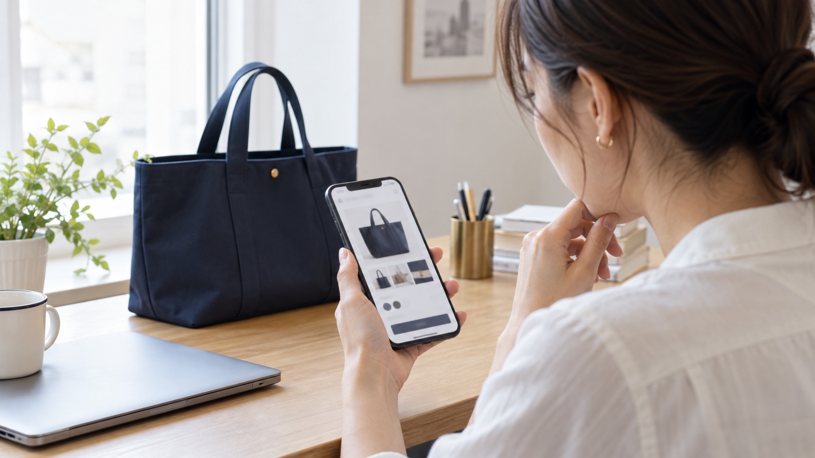 AI-generated illustration of a woman comparing a tote bag product page on a smartphone in a Japanese home.