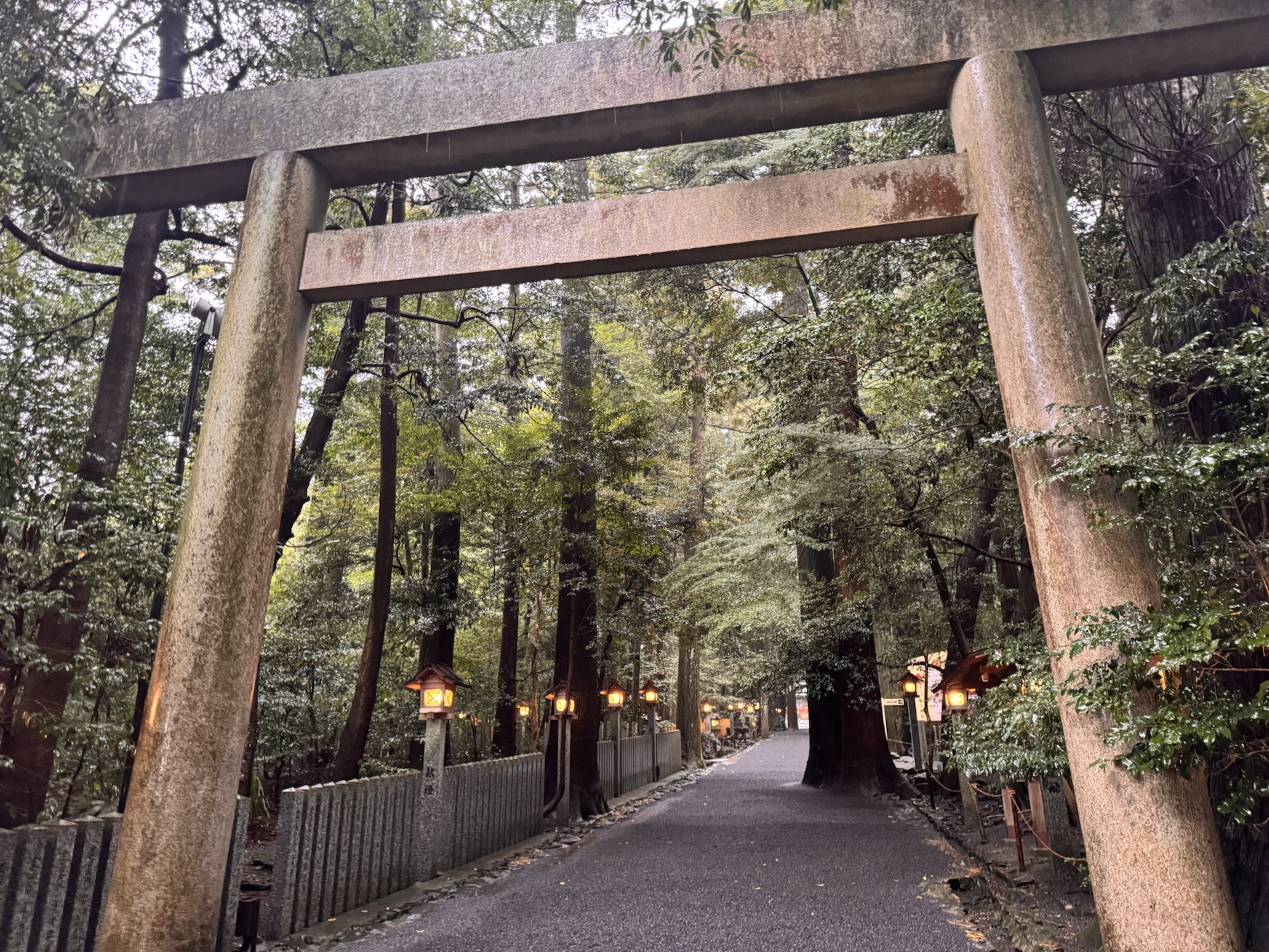 Stone torii and forest approach at Tsubaki Grand Shrine in Suzuka, Mie